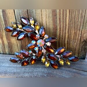 Vintage Large Rhinestone Pin Brooch Orange Borealis Amber Brown Marquise Silver